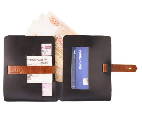 Автобумажник Leaf Explorer, черный с коричневым хлястиком